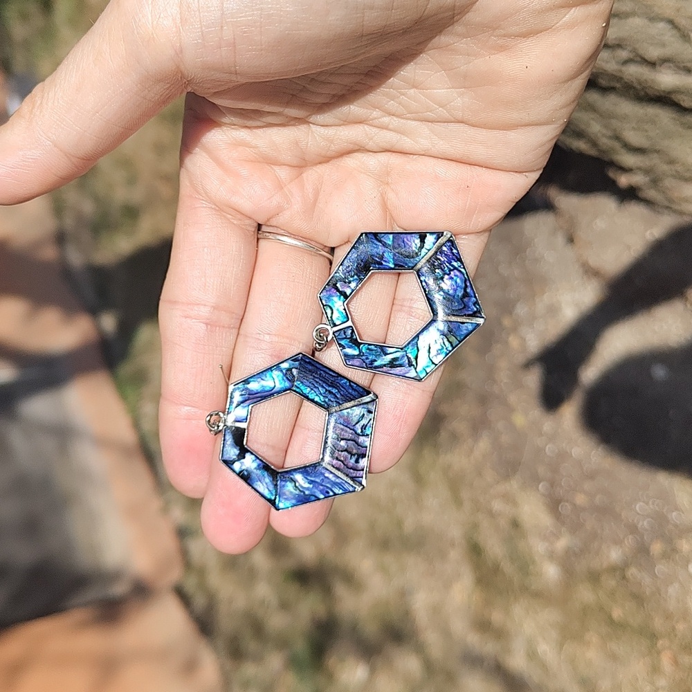 **SOLD** Abalone and silver tone fashion hook earrings